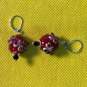 Sterling Silver Japanese Flowers Lampwork Leverback Pierced Earrings